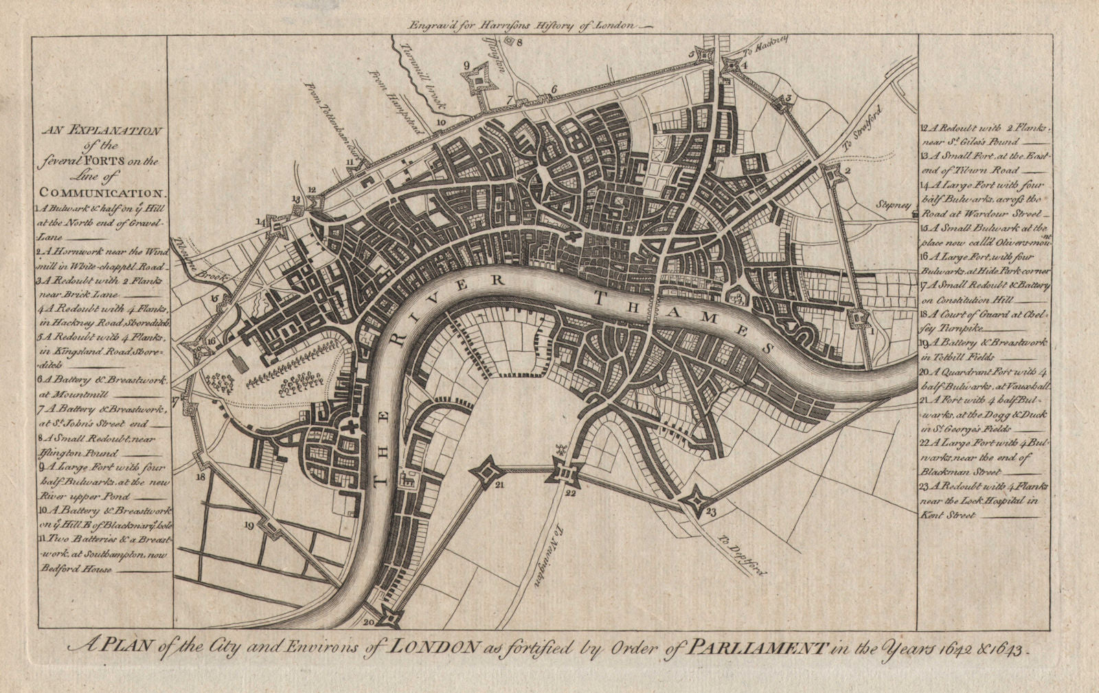 Civil War plan of London as fortified by Parliament in 1642/3 .HARRISON 1776 map